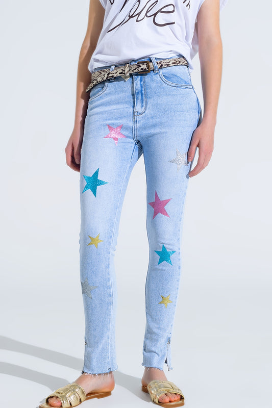 Q2 Light Wash Skinny Jeans With Stars On The Legs