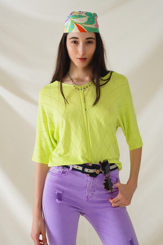 Q2 Lime Colored Short Sleeve Sweater With Argyle Pattern