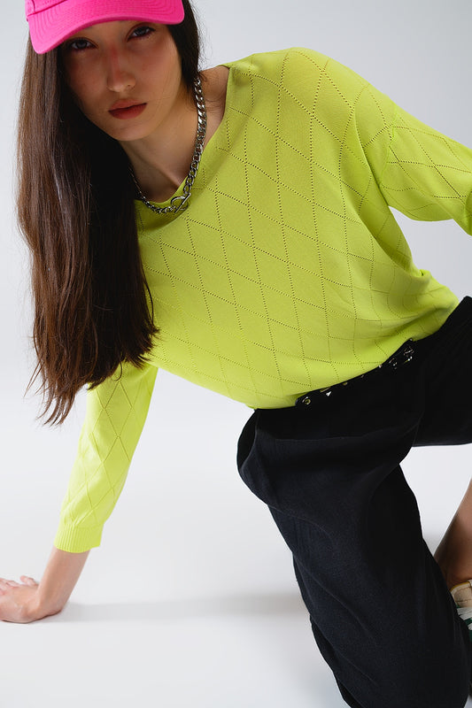 Q2 Lime Colored Sweater In Argyle Print With Boat Neck