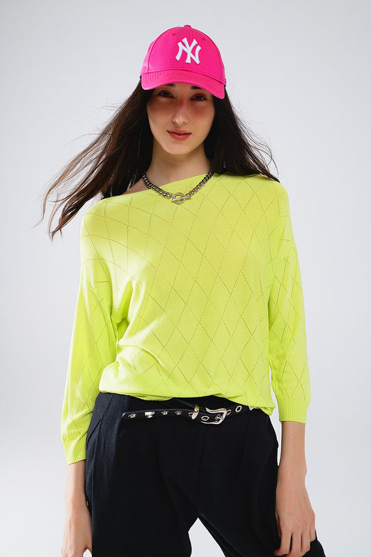 Lime Colored Sweater In Argyle Print With Boat Neck