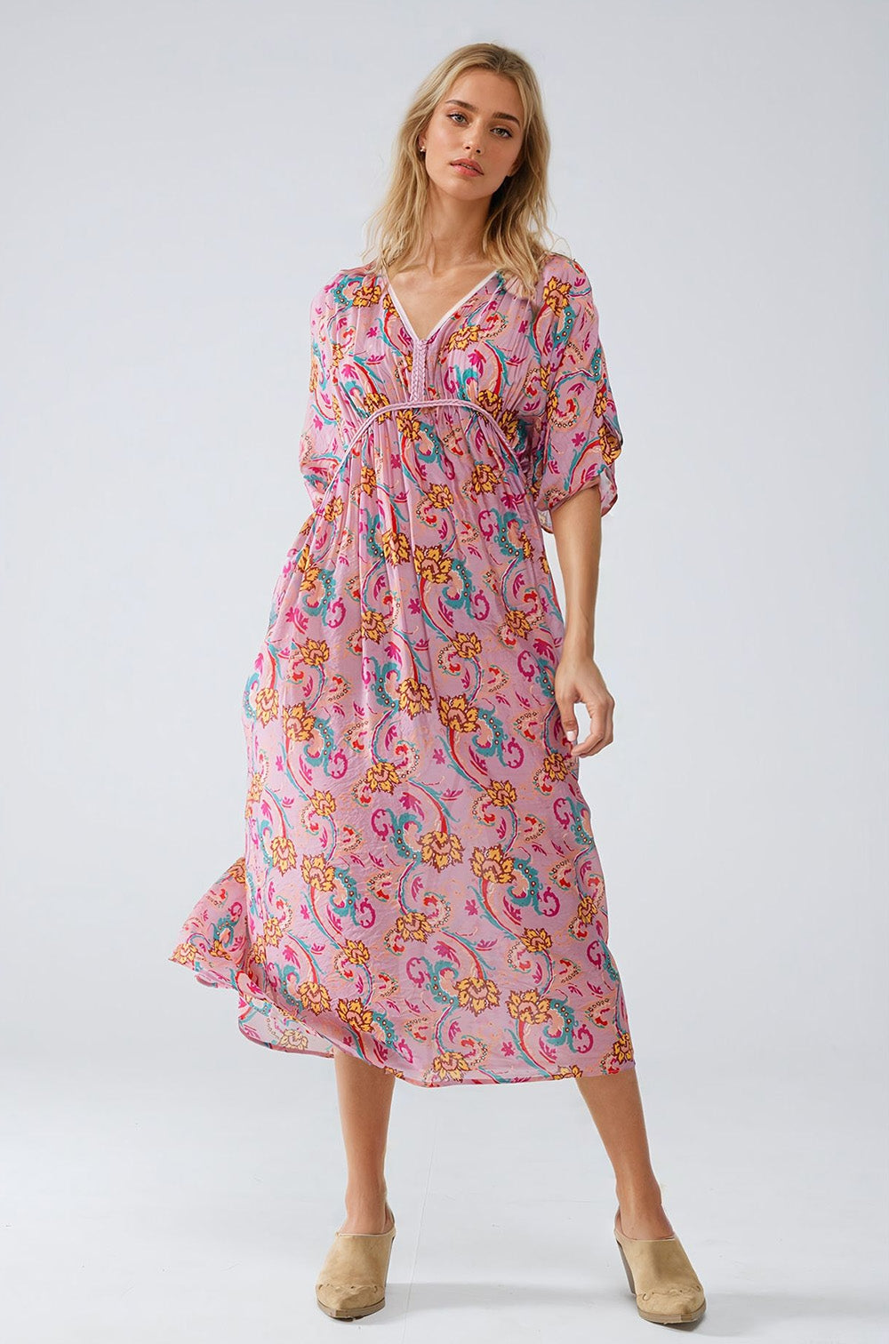 Q2 Maxi Dress In Pink With Braided Seams And Flower Print