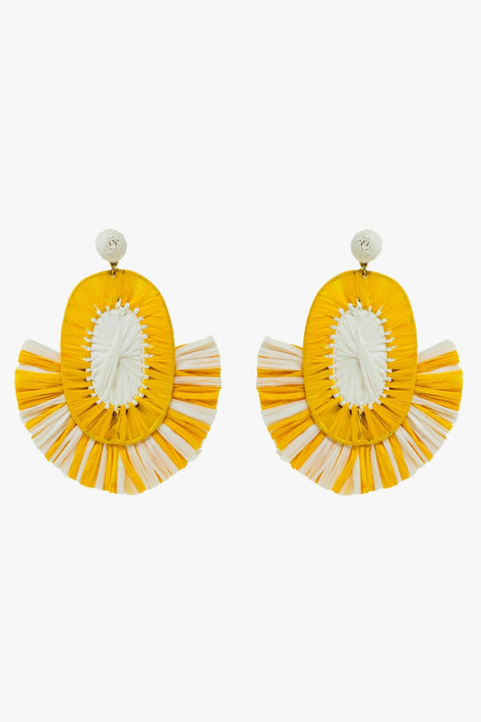 Q2 Maxi Dropped Raffia Earrings with Yellow and White Tassels