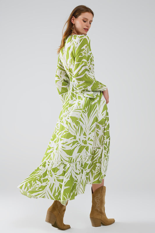 Maxi green kimono with tropical palm print