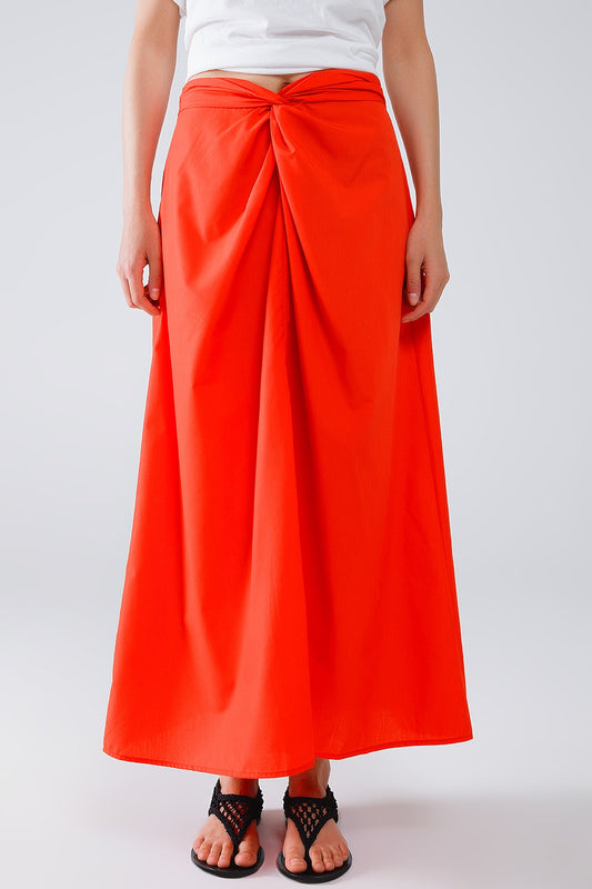 Q2 Maxi orange poplin skirt with knot detail at the waist