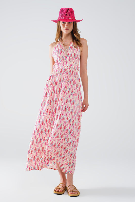 Q2 Maxi Summer Dress With Feather Print and Open Back in Pink