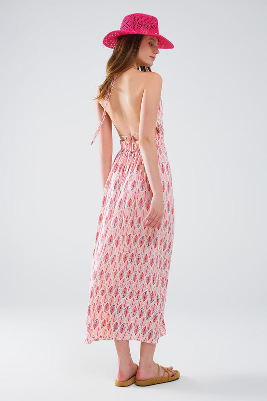 Maxi Summer Dress With Feather Print and Open Back in Pink