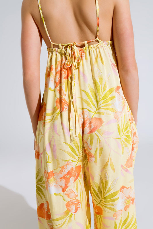 maxi yellow jumpsuit in tropical print