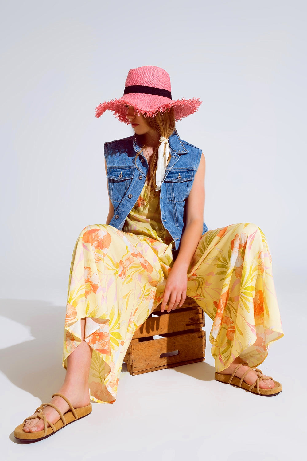 maxi yellow jumpsuit in tropical print