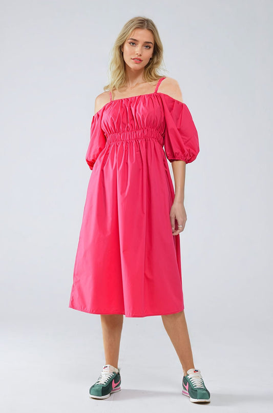 Q2 Midi fuchsia dress with short sleeves and straps
