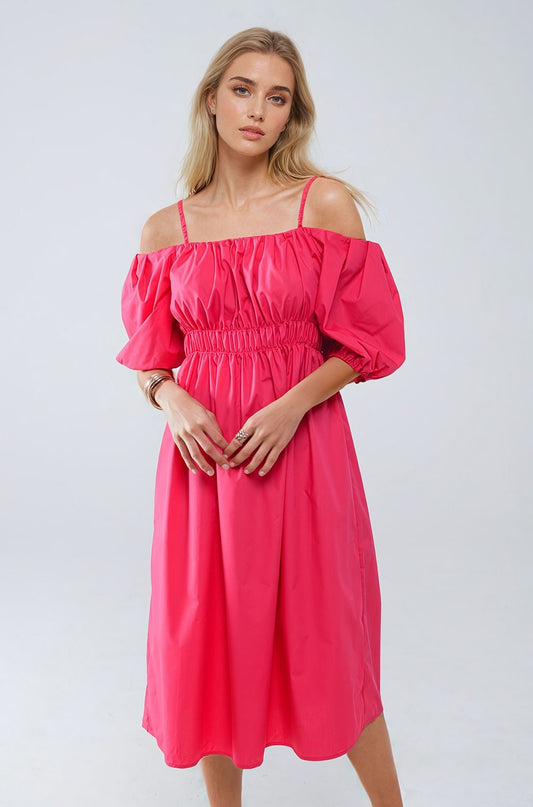 Midi fuchsia dress with short sleeves and straps