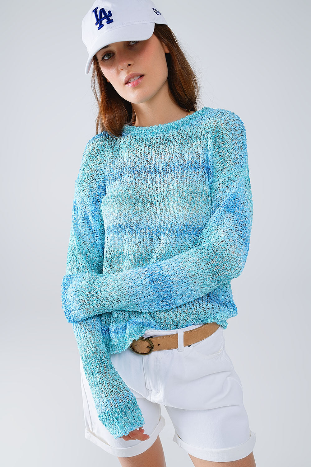 Q2 Open Knit Stripey Crew Neck Sweater in Shades of Blue
