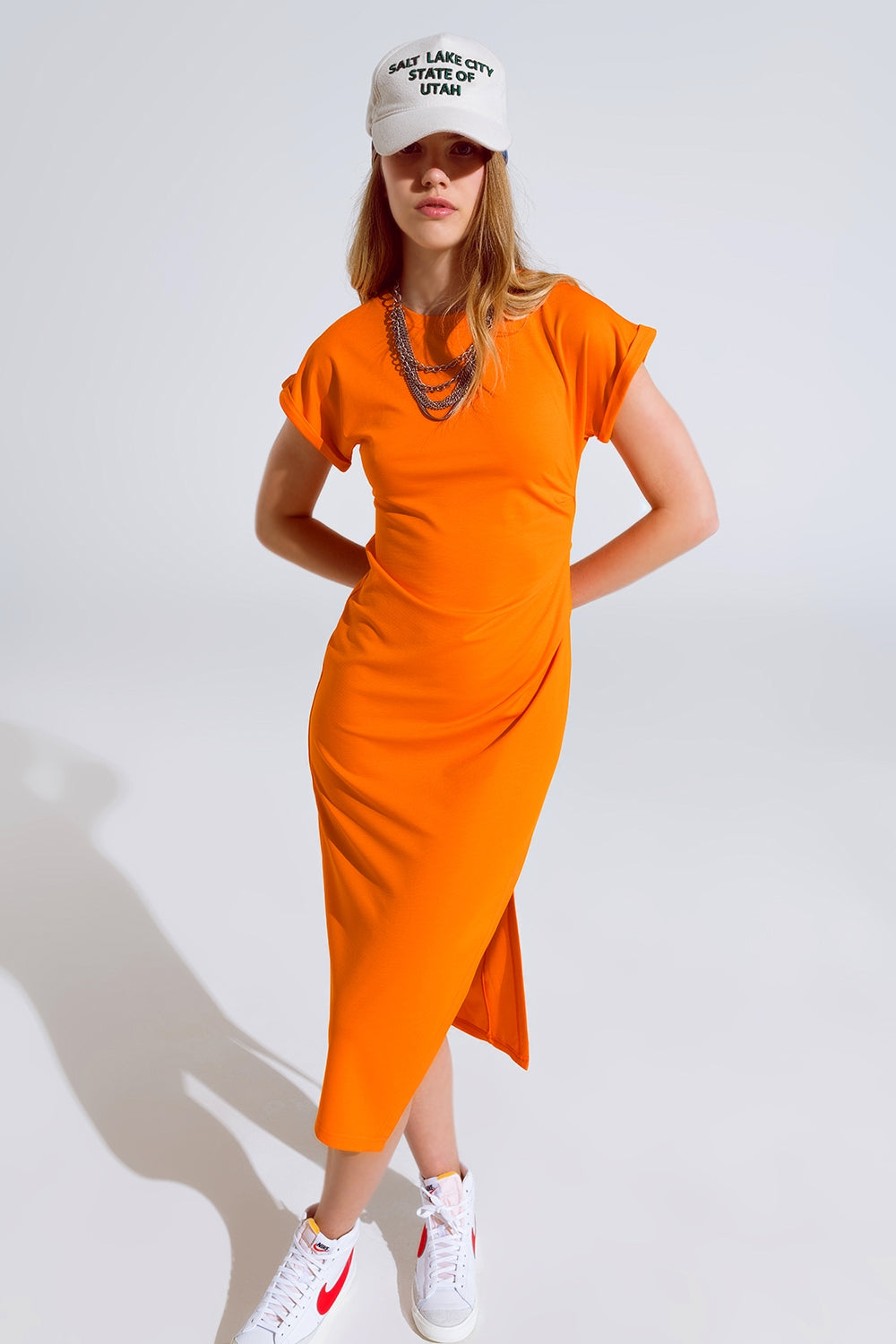 Q2 Orange Maxi Dress With Slid and Rouche At The Side