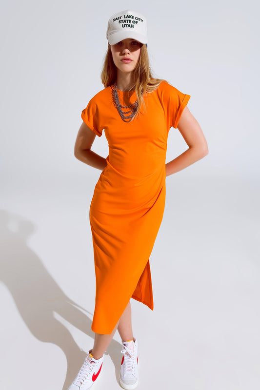 Q2 Orange Maxi Dress With Slid and Rouche At The Side