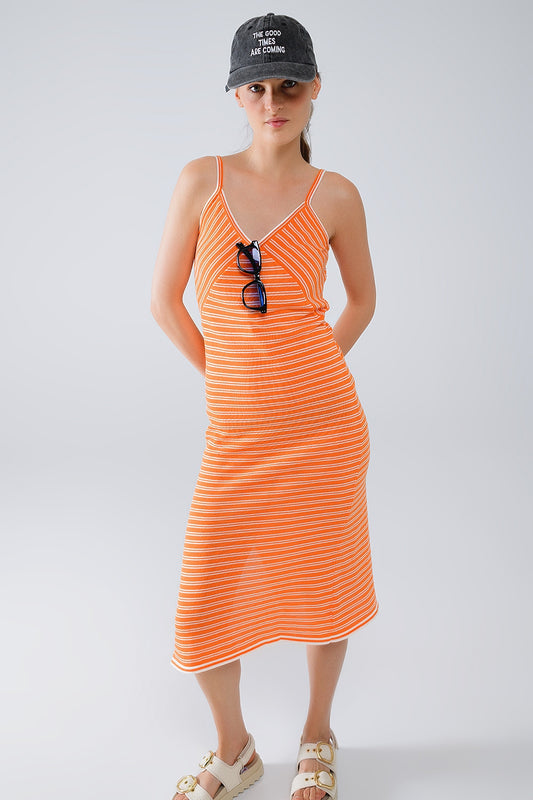 Orange Midi Dress With Stripes And Spaghetti Straps