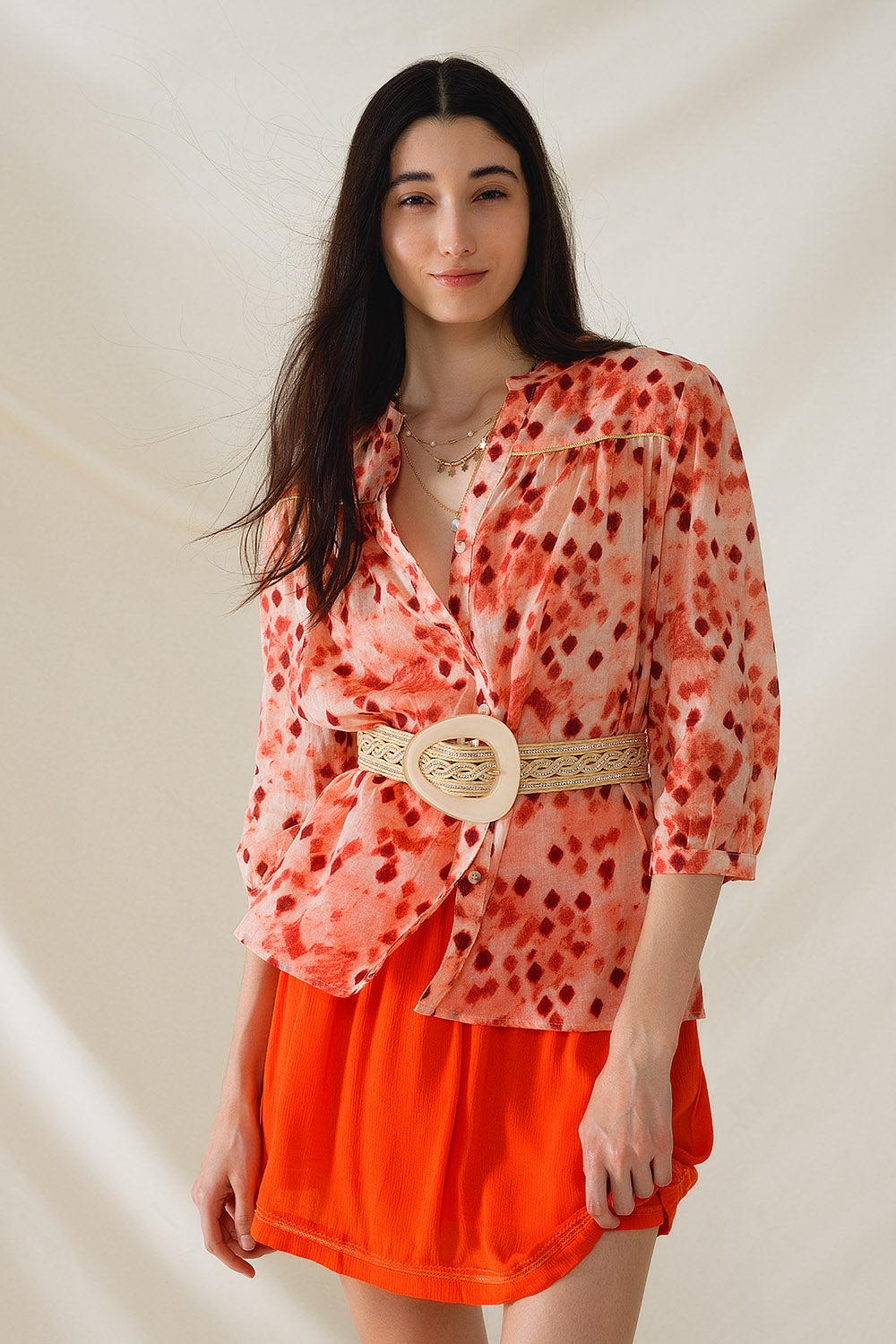 Q2 Orange Shirt With Abstract Print And 3/4 Length Sleeves