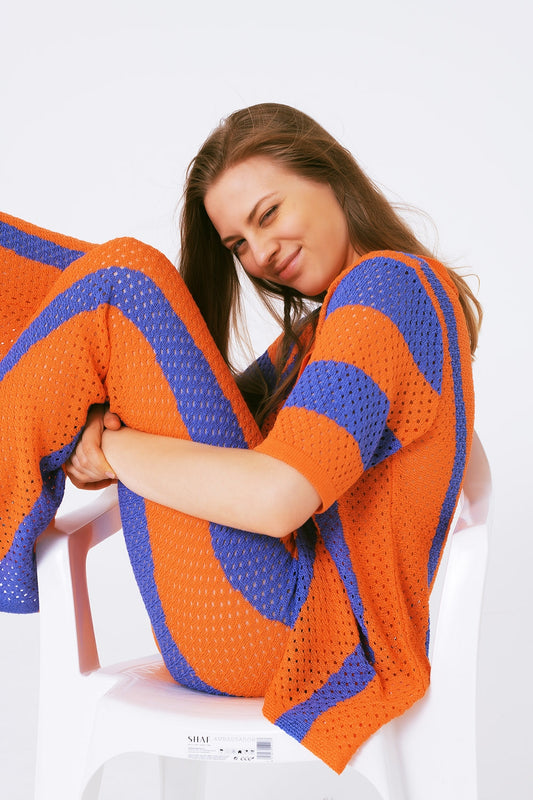 Q2 Orange Striped Crochet Knitted Cardigan