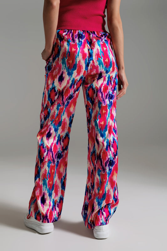 Palazzo Style Pants in Abstract Pink and Blue Print