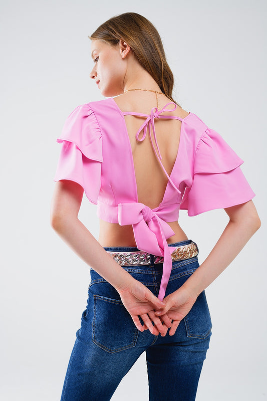 Q2 Pink Crop Top With Short Sleeves And V-neck