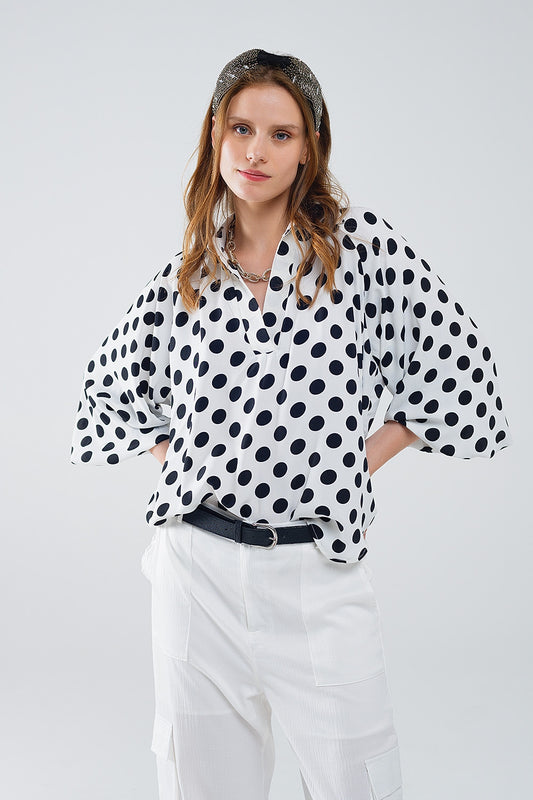 Q2 Polka dot blouse with V-neck and balloon sleeves