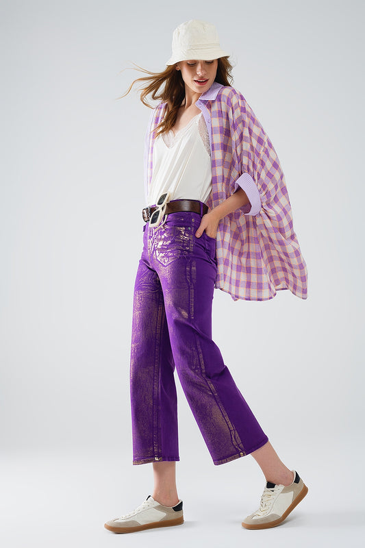 Q2 Purple Wide Leg Jeans With Metallic Finish In Gold
