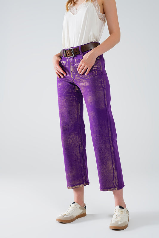 Purple Wide Leg Jeans With Metallic Finish In Gold