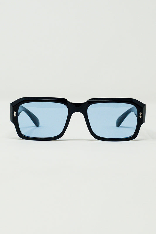 Q2 Rectangular Black Frame Sunglasses With Blue Lenses