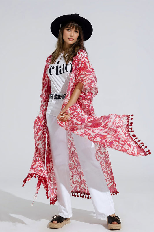 Q2 Red Long Kimono With Drawstring Closing in Tribal Print