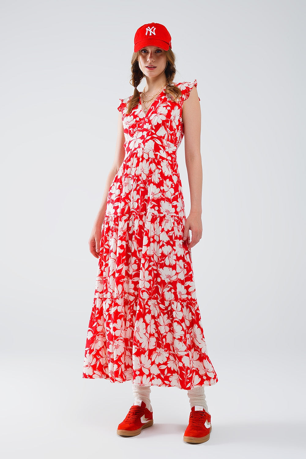 Q2 Red maxi dress with floral print and V-neck