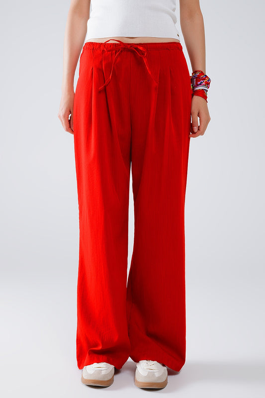 Q2 Red Relaxed Pants With Drawstring Closing And Side Pockets