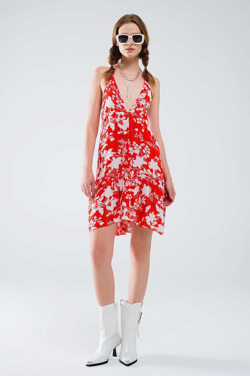 Q2 Red Short Boho flower print dress with lurex detail