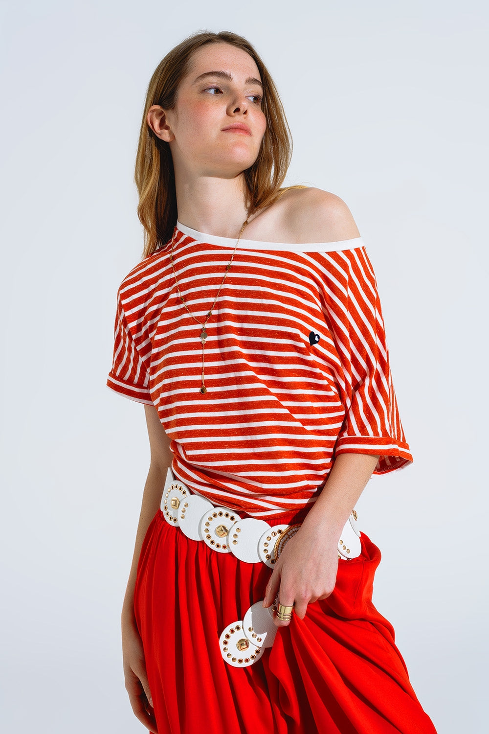 Q2 red striped boat neck t-shirt with embroidered heart