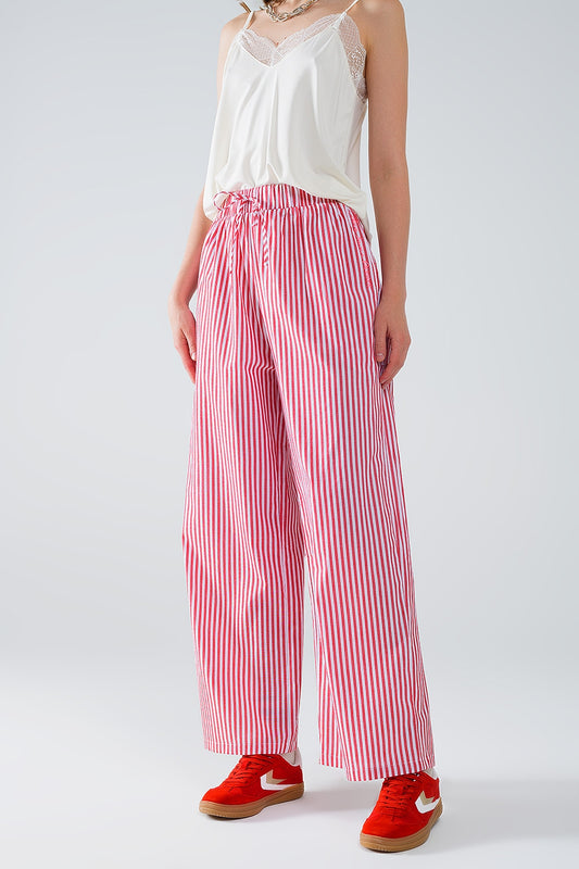 Q2 Red Striped Pants with Elastic Waist and Pockets