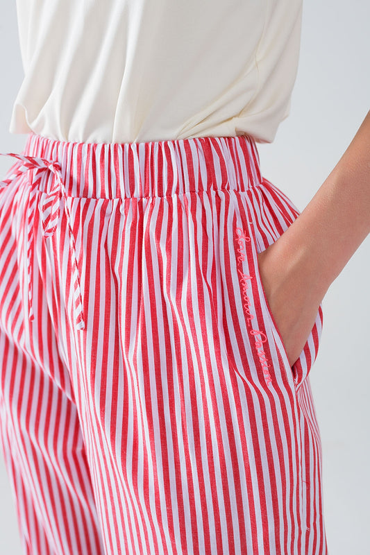 Red Striped Pants with Elastic Waist and Pockets