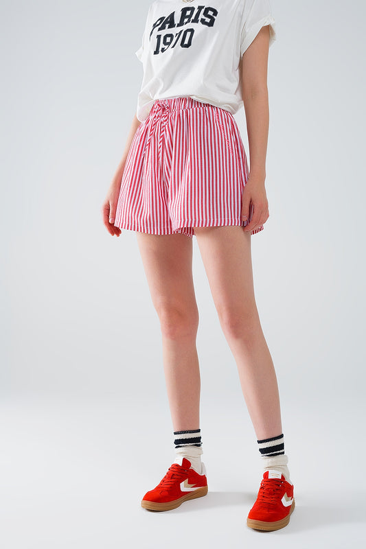 Q2 Red Striped Shorts with Elastic Waist and Pockets