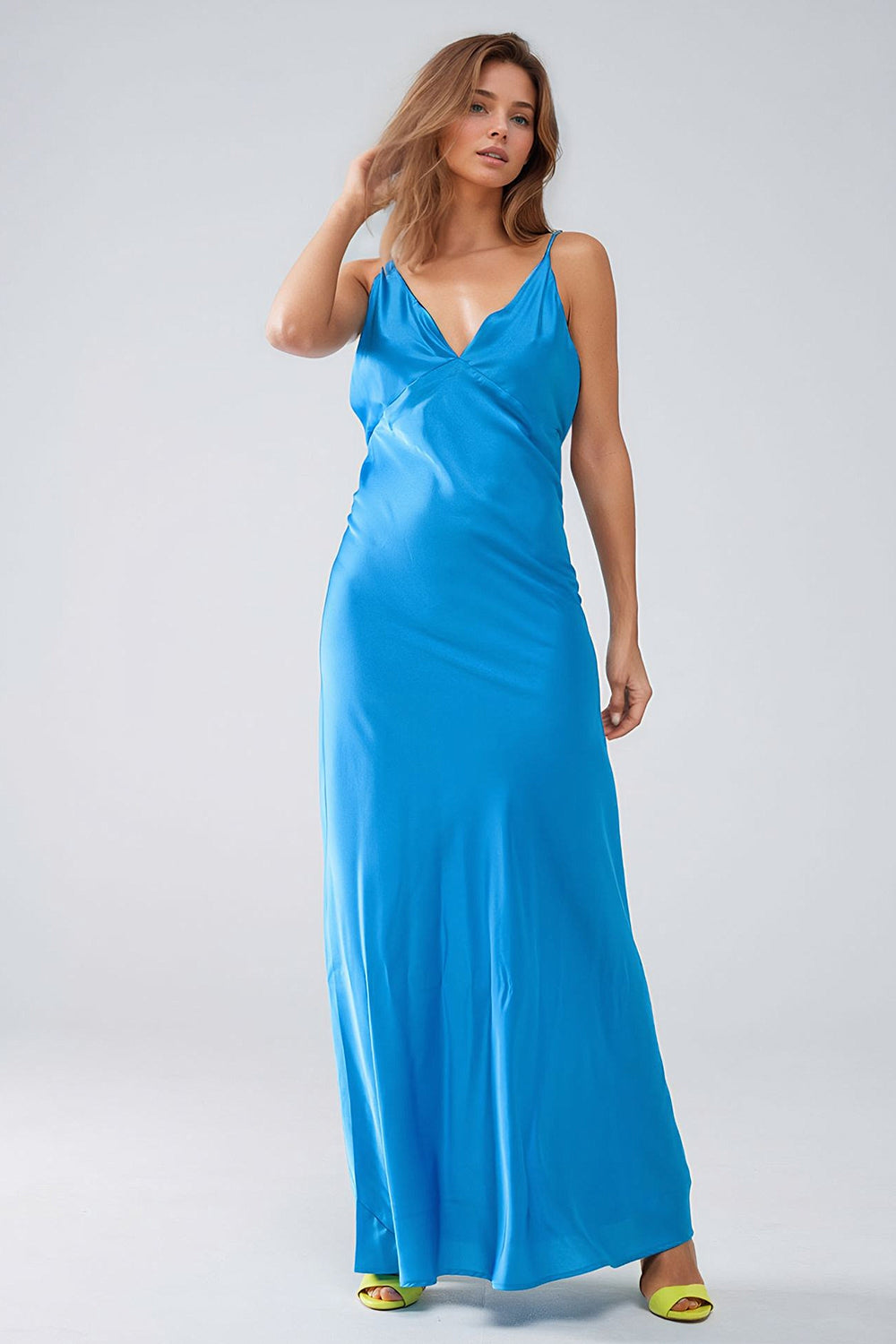 Satin Maxi Dress With Spaghetti Straps in Blue