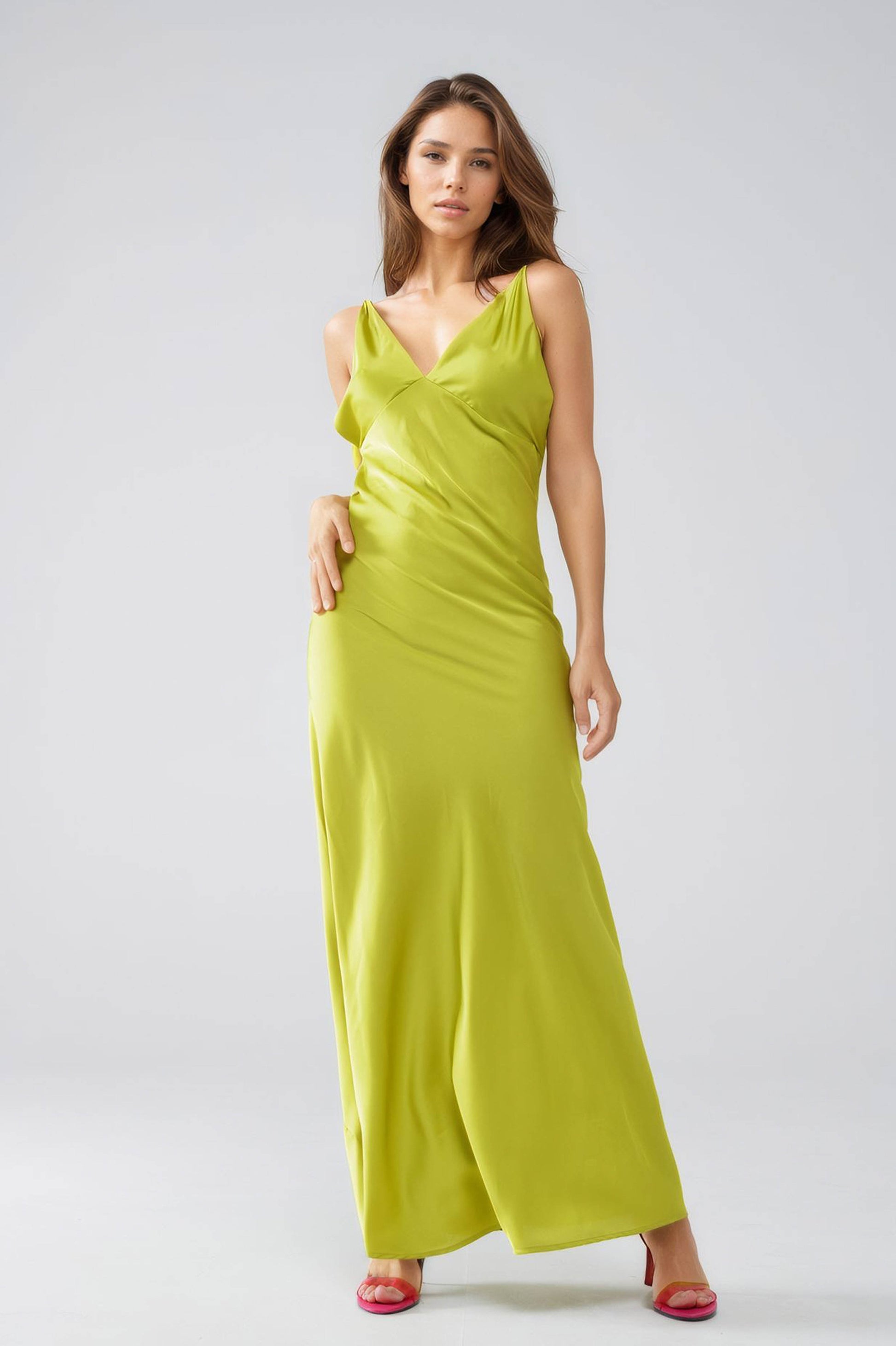Q2 Satin Maxi Dress With Spaghetti Straps in Lime Green