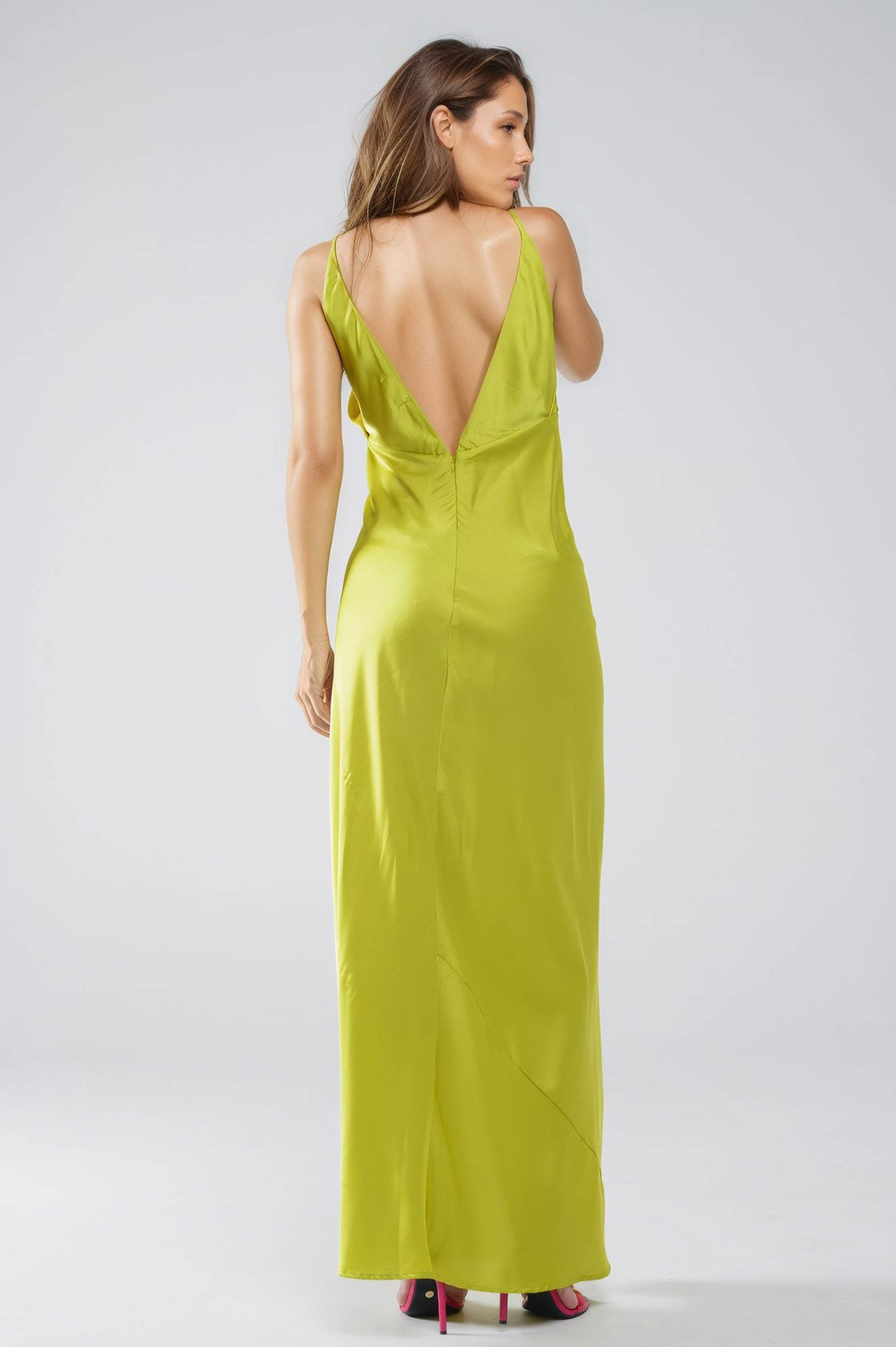 Satin Maxi Dress With Spaghetti Straps in Lime Green