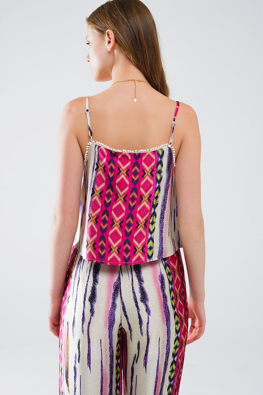 Satin Multicolored Sleeveless Top With Abstract Print