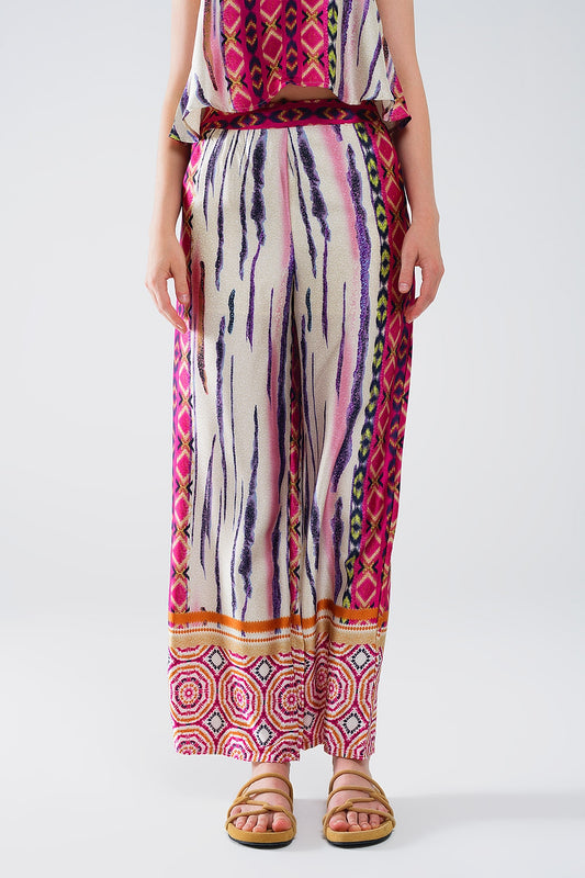 Q2 Satin Wide Leg Pants With Abstract Print In Multicolor