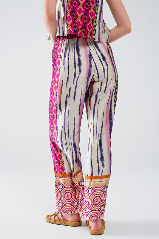 Satin Wide Leg Pants With Abstract Print In Multicolor