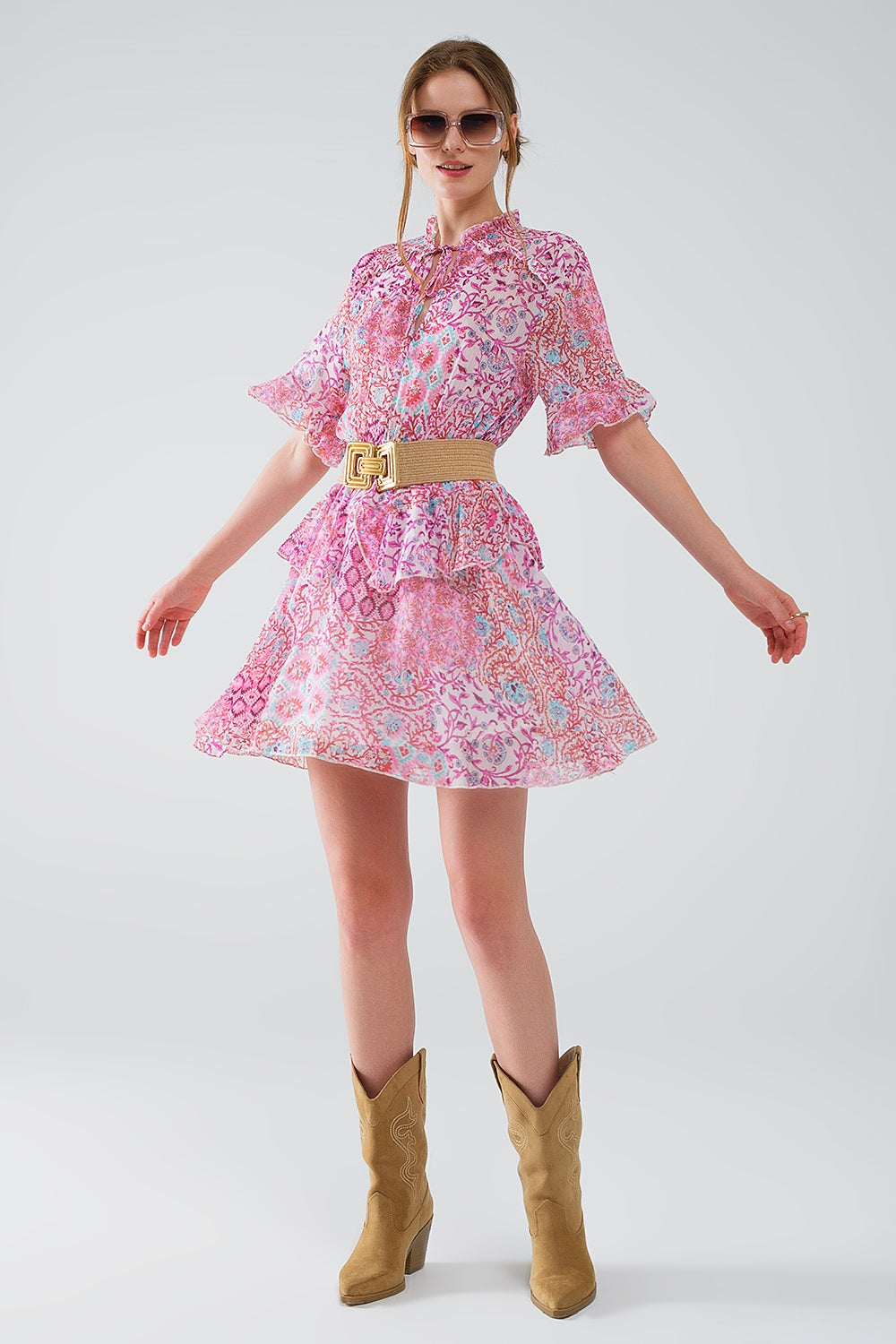 Q2 Short Dress With Abstract Print And Ruffled Skirt in Shades of Pink
