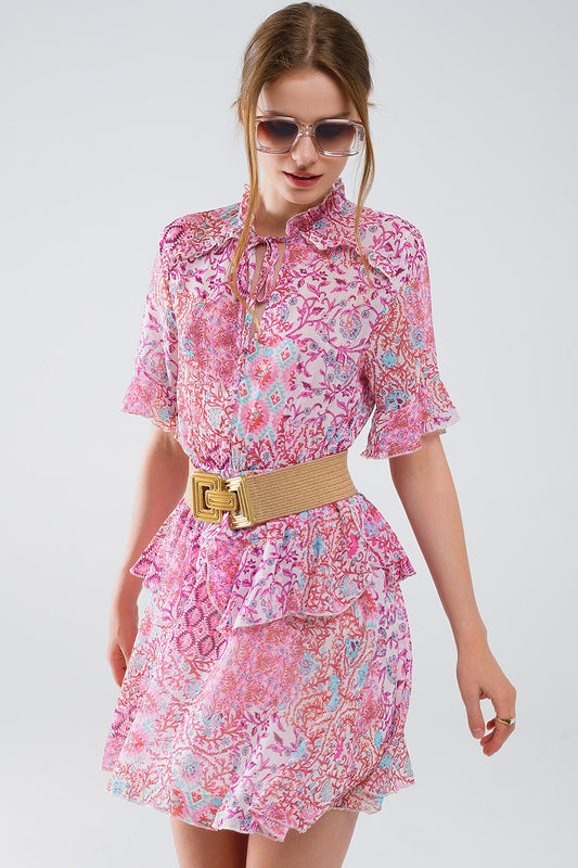 Short Dress With Abstract Print And Ruffled Skirt in Shades of Pink