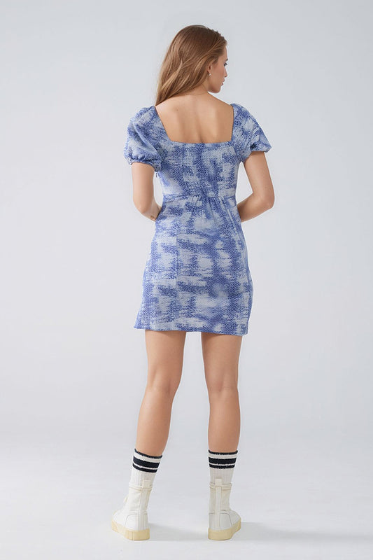Short Dress With Puff Sleeves In Abstract Blue and White Print