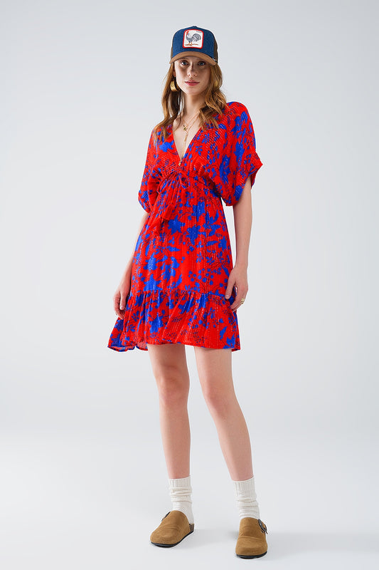 Q2 Short Flowy Dress In Red With Blue Floral Print