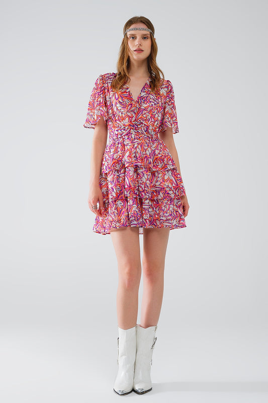 Q2 Short Multicolor chiffon Dress with Floral print and Ruched Design