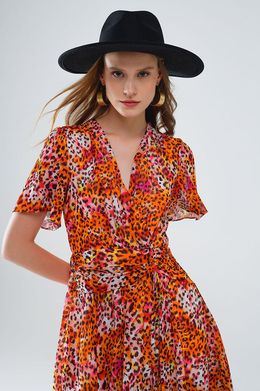Short Orange Multicolored Dress With Crossed Top with Animal Print