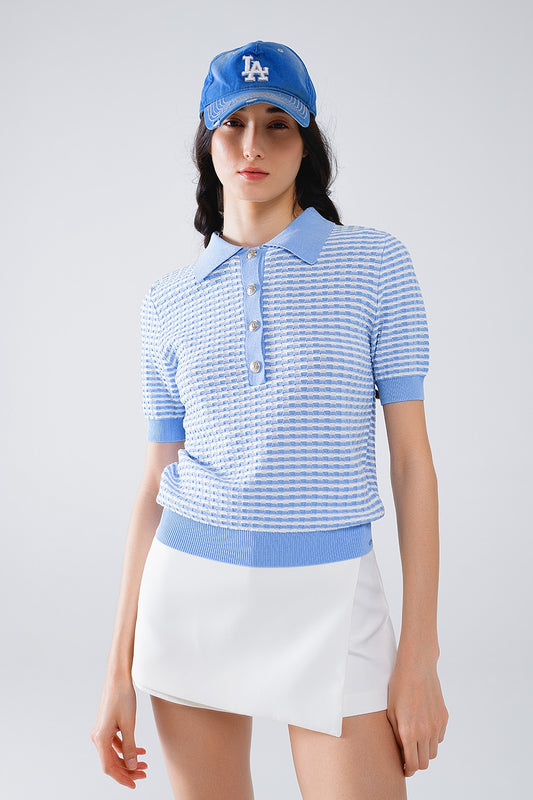 Q2 Short Sleeve Polo In Blue With White Stripes