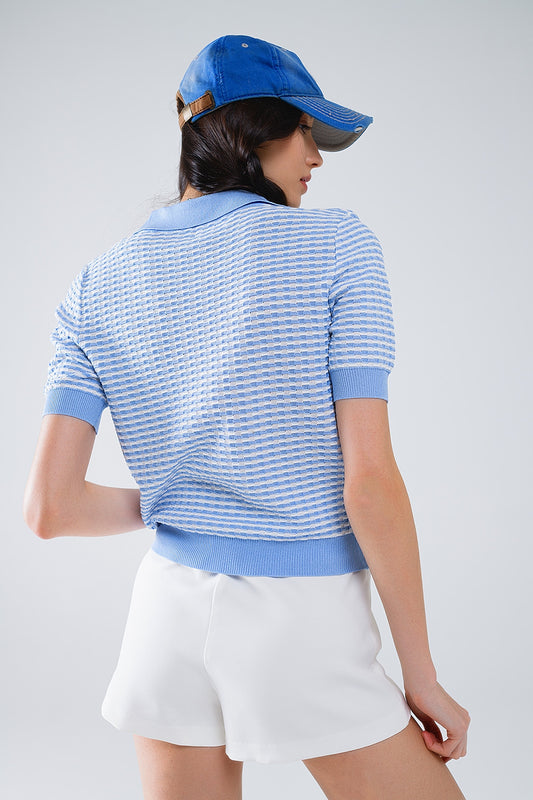 Short Sleeve Polo In Blue With White Stripes