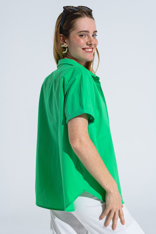 Short Sleeve Relaxed Button Up Shirt in Green