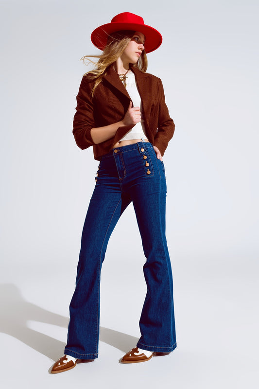 Skinny Flared Jeans In Dark Blue With Button Detail